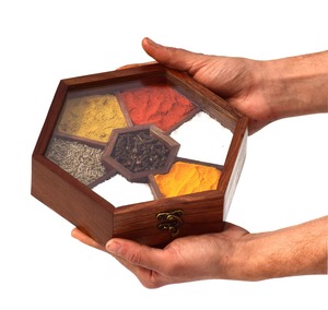 Boîte à épices hexagonale en bois écologique avec couvercle en verre, plusieurs compartiments, organisateur d'assaisonnements pour comptoir de cuisine - Product Image 2