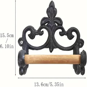 Vintage Cast Iron Toilet <b>Paper</b> Holder Cast Iron Towel Rack with Wooden Rod Wall Mounted <b>Tissue</b> Holder for Bathroom and Kitchen - Product Image 5