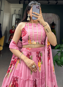 Conjunto de Lehenga de Chifón con Estampado Floral, Falda Plisada con Ribete de Encaje, Blusa sin Coser, Dupatta, para Bodas y Fiestas - Product Image 2