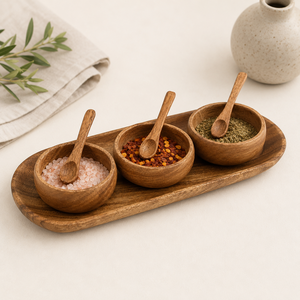 Premium Handcrafted Acacia Wood <b>Condiment</b> Serving Set Eco-Friendly 3-Bowl Wooden <b>Tray</b> with Matching Spoons for Snacks and Dips - Product Image 5