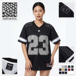 Maillot de football américain pour femme en maille ornée de strass, coupe oversize, style streetwear, col en V, respirant, en polyester, avec numéro scintillant, OEM - Product Image 1