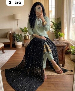 Salwar Kameez de Algodón Verde Claro para Mujer, con Dupatta Negra, Traje Étnico Tradicional, Largo hasta el Suelo, Corte Regular, Sin Arrugas, para Fiestas y Bodas - Product Image 2