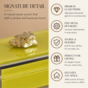 Lime Green Glass Jewelry Storage Box with Natural Stone Accent <b>Gold</b> Edging Glossy Finish Soft Lining Decorative Keepsake - Product Image 2