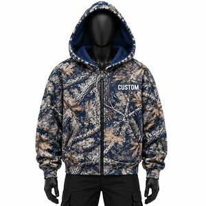 Sweat à capuche réversible personnalisé motif feuille, intérieur polaire bleu marine, poche avant, vêtement d'hiver, fournisseur B2B en gros USA - Product Image 3