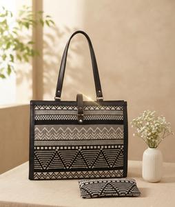 <b>Black</b> White Woven Zippered Ethnic Tote <b>Bag</b> Geometric Pattern <b>Large</b> Capacity Shoulder Handbag for Daily Shopping Travel Beach - Product Image 4