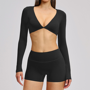 Conjunto Deportivo de Dos Piezas para Mujer, Pantalones Cortos de Cintura Alta, Top Corto de Manga Larga, Color Sólido, Ropa Deportiva Activa, Transpirable, Tejido de Punto, para Yoga - Product Image 2