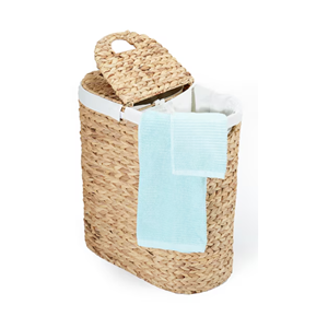 Handwoven Double Oval Water Hyacinth Laundry Hamper <b>With</b> <b>Lid</b>, 2-Compartment <b>Basket</b> <b>With</b> Cotton Liner For Bathroom, Vietnam Craft - Product Image 6
