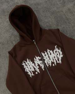 Sweat-shirt à capuche zippé marron pour homme avec logo flamme blanche imprimé sur le devant, coupe classique, en coton French Terry, style Hip Hop, pour l'automne - Product Image 3