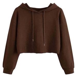 Sweat à capuche court marron pour femme, très demandé, à épaules tombantes, manches longues, en molleton tricoté uni, avec broderie, style décontracté - Product Image 5