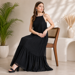 Elegante Vestido Maxi de Georgette a Rayas Negras con Tirantes Finos, Dobladillo en Capas Suelto y Capa Transparente, Ideal para Fiestas y Verano Casual para Mujer - Product Image 6
