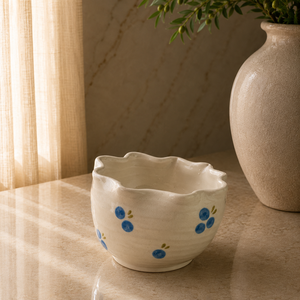 Bol de service en céramique artisanale avec motif floral bleu, finition émaillée durable pour des tables élégantes et modernes - Product Image 6