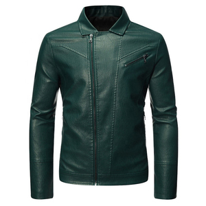 Veste de moto pour homme en cuir véritable vert, imperméable, écologique, col montant, fermeture éclair, coupe ajustée, couleur unie, longueur standard - Product Image 1