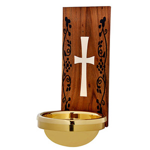 Fuente de Agua Bendita de Madera con Incrustaciones Negras y Cuenco de Latón |   Letrero Decorativo para Montar en la Pared – DOUBLE VEE EXPORTS - Product Image 1