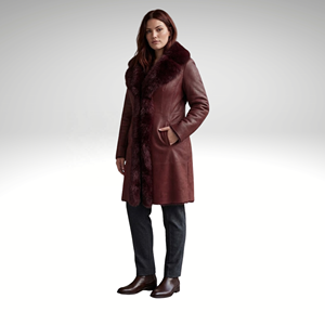 Burgundy Color Women's Toscana Sheepskin <b>Hooded</b> Trench <b>Jacket</b> Lightweight Polyester Lined Luxury Winter Leather Wear - Product Image 2