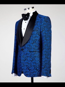 Men’s Royal Blue Floral Jacquard Tuxedo <b>Blazer</b> with Black Satin Shawl Lapel – Designer Wedding Party Suit Jacket - Product Image 3