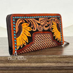 Portefeuille Western en Cuir de Vachette Véritable Fait Main par un Designer pour Femmes, Longue Pochette à Fermeture Éclair Florale avec Emplacements pour Cartes et Poche à Monnaie - Product Image 1