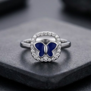 Bague en argent sterling 925 avec papillon bleu en émail, zircone cubique et halo carré, bijou élégant en forme d'animal, cadeau pour femmes et filles - Product Image 3
