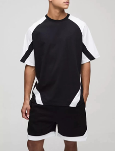 New Style <b>Men</b> Contrast Panel Summer Set <b>Black</b> White Breathable 100% Cotton T-Shirt <b>Shorts</b> Two-Piece Casual Streetwear Athletic - Product Image 4