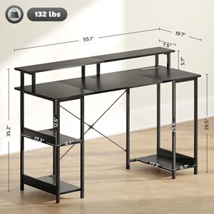 Scrivania per Computer Reversibile Nera Effetto Invecchiato da 55 Pollici con Spazio di Archiviazione, Luci LED Durevoli e Prese di Corrente per Camera da Letto - Product Image 3