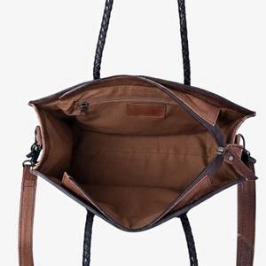 Handmade Durable Leather Office Travel Laptop Tote <b>Bag</b> Aztec Panel <b>Black</b> White Bohemian Style Heavy-Duty Metal Zipper Polyester - Product Image 2