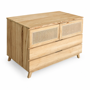 Buffet en bois massif de style moderne du milieu du siècle, avec portes et tiroirs en rotin naturel, meuble de rangement pour hôtel - Product Image 2