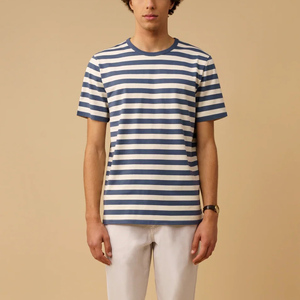 T-shirt en coton rayé pour homme, personnalisable OEM/ODM, vente en gros, T-shirt en jersey épais rayé bleu et blanc de haute qualité, respirant - Product Image 3