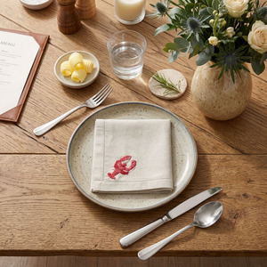 Custom Wholesale Embroidery Red Lobster Natural <b>Linen</b> Dinner Napkin Hemstitch <b>Cloth</b> Napkin Machine Washable Durable Home Hotel - Product Image 3