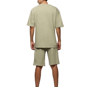 Ensemble de t-shirts pour hommes de haute qualité, couleur unie, col rond, manches courtes, en coton tricoté, tenue décontractée d'été, vêtements en deux pièces - Product Image 2