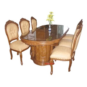 Luxe Antique Français Table À Manger Ensembles 6 Chaises Sculpté À La Main En Bois De Teck Massif Classique Meubles De Maison Cuisine Restaurant Hôtel - Product Image 1