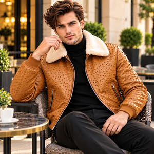 Wholesale <b>Men's</b> <b>Brown</b> Studded Moto Bomber <b>Jacket</b>, Embossed <b>Leather</b> Look, Plush Shearling Fur Collar, Custom OEM/ODM Winter Wear - Product Image 6