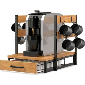 Attractive Wood <b>Coffee</b> Station Organizer K-Cup Holder Drawer With 8 Mug Hooks Metal <b>Coffee</b> Maker Stand & <b>Pod</b> <b>Storage</b> Rack - Product Image 1