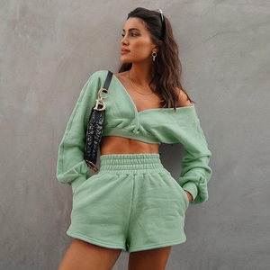 Women's Mint Green Two-Piece <b>Set</b> Off Shoulder Crop Top With Long Sleeves And High Waist Shorts Casual <b>Knitted</b> Cotton Spring - Product Image 4