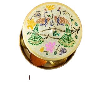 Elegant Parrot Printed Design <b>Metal</b> Brass Masala Dabba Spice <b>Box</b> with Floral Engraved Lid Handmade Kitchen Storage Container - Product Image 3