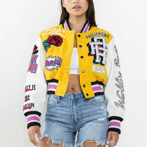 Vestes universitaires pour femmes avec broderie de logo personnalisé, style baseball, hiver, tissu en coton et laine, manches en cuir léger, réversibles - Product Image 1