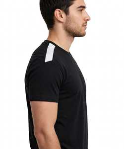 <b>Men's</b> Black Short <b>Sleeve</b> O-Neck T-<b>Shirt</b> with <b>White</b> Shoulder Stripes Solid Casual Tee - Product Image 2