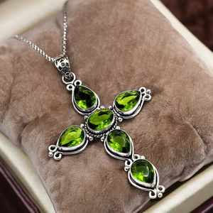 Handmade 925 <b>Sterling</b> <b>Silver</b> <b>Cross</b> <b>Pendant</b> with Green Peridot Gemstones 10x14mm Classic Jewelry for Women and Men <b>Pendant</b> - Product Image 1