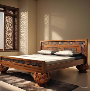 Cama moderna de madera con detalles tradicionales y patas robustas con tallados de loto. Disponible a precios de mayorista. - Product Image 1