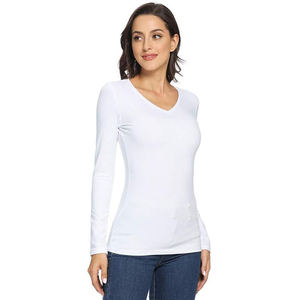 T-shirt à manches longues col en V blanc pour femme, 100% coton tricoté, couleur unie, respirant, coupe ajustée, toutes saisons - Product Image 6