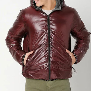Men's Winter Hooded Puffer Jacket Pu Material Windproof Casual Solid Color Zipper Closure Regular Fit Insulated <b>Coat</b> - Product Image 1