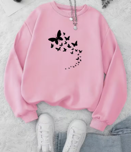 Sudadera de cuello redondo para mujer Hardihood International, color rosa, con estampado de mariposas, manga larga, informal, de punto, holgada, de algodón - Product Image 1