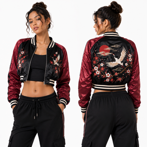 Chaqueta Corta de Satén para Mujer con Diseño de Fénix y Forro Suave, Marca Privada, Venta al Por Mayor, Fabricante de Ropa con Logotipo Personalizado OEM - Product Image 2