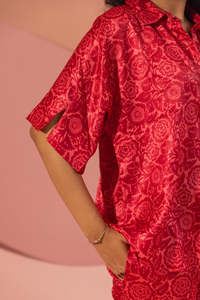 Ensemble de pyjama rouge à imprimé floral, col mandarin, manches courtes, coupe ample, respirant, tissé, tenue décontractée d'été pour femmes - Product Image 3