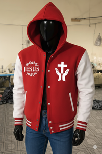 Blouson universitaire pour homme avec motif chrétien « Jésus », couronne d'épines et mains croisées - Bomber à capuche rouge et blanc pour les tenues de foi - Product Image 6