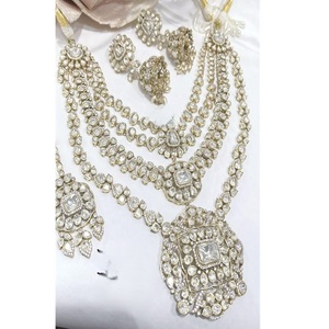 Graceful Premium Quality Brass Gold Plated Moissanite Trendy <b>Statement</b> Fusion <b>Necklace</b> Earrings Tikka Set Wedding Party Wear - Product Image 2