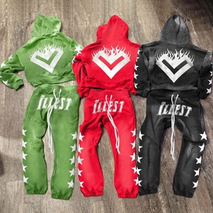 Ropa de calle Trajes de sudor lavados con ácido en blanco Sudaderas con capucha Conjunto de 2 piezas Lavado con ácido Distress Pantalones de chándal acampanados y conjunto de Sudadera con capucha - Product Image 1