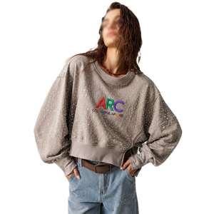 Custom Fashion Embroidery Logo <b>Crop</b> Streetwear Women Hot Fix Rhinestone <b>Top</b> Hoodies Design Casual French Terry Fit Pullover - Product Image 1