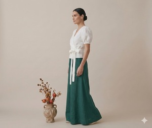 เดรสผ้าลินินสีขาว คอวี แขนพอง ผูกเอว ทรงมิดิ สีขาวล้วน สไตล์ลำลอง คอวีแบบดันทรง ชุดลำลองสำหรับวันหยุด เข้าชุดกันได้ - Product Image 3