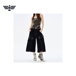 <b>Women's</b> <b>Black</b> Denim Cargo <b>Shorts</b> Mid Waist Casual Breathable Streetwear Style with Pockets Topstitch Summer Woven Fabric - Product Image 5