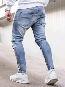 กางเกงยีนส์ผู้ชายทรงปกติ ผ้ายืด สีฟ้าอ่อน ขาดเซอร์ๆ ทรงกลางเอว ใส่สบายทุกฤดู สไตล์ลำลอง ทรงตรง เนื้อผ้านุ่ม - Product Image 4