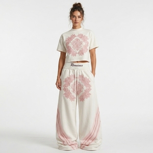 Custom Women's Lightweight Polyester/Cotton Short Sleeve Crop <b>T</b>-<b>Shirt</b> Relaxed Solid Jogger Pants Set Elastic Waist Side <b>Pockets</b> - Product Image 1